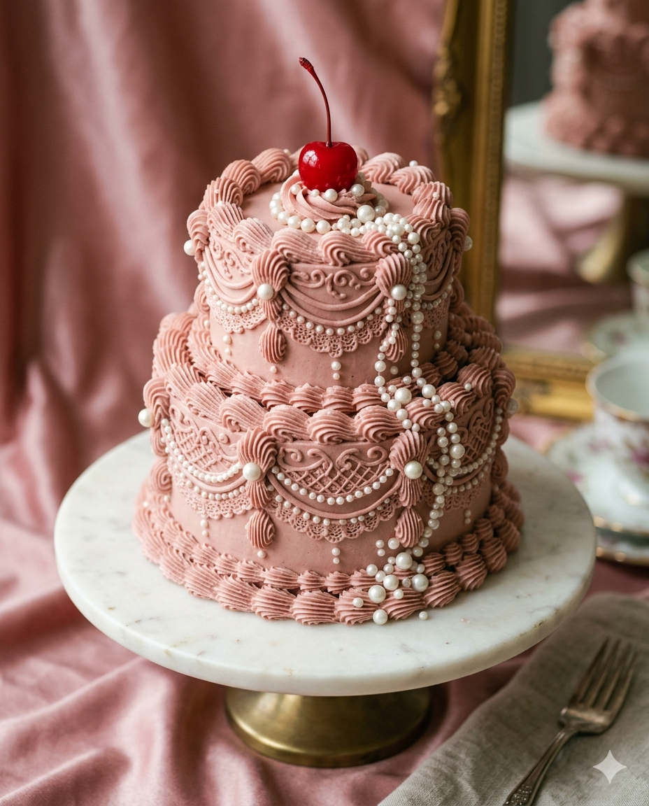 Bolo Antoinette em rosa antigo com pérolas e cereja