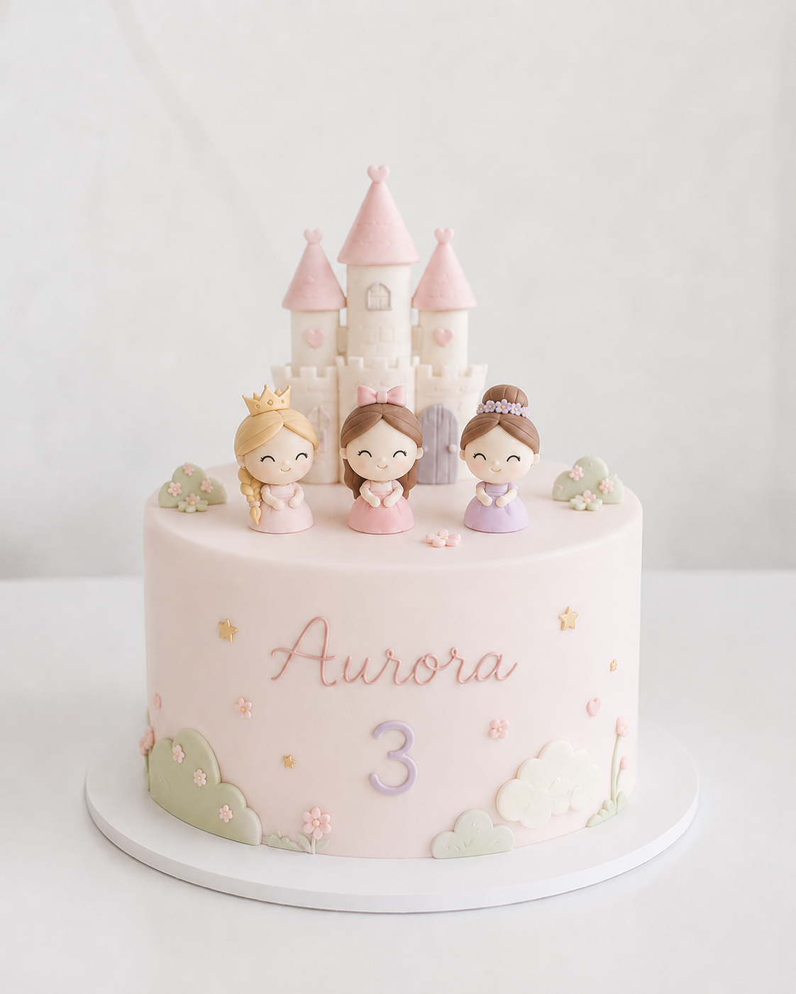 Bolo artístico de princesas em tons pastel, criado no estilo Manu Cake