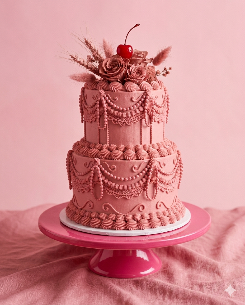 Bolo Chérie monocromático rosa com cereja no topo