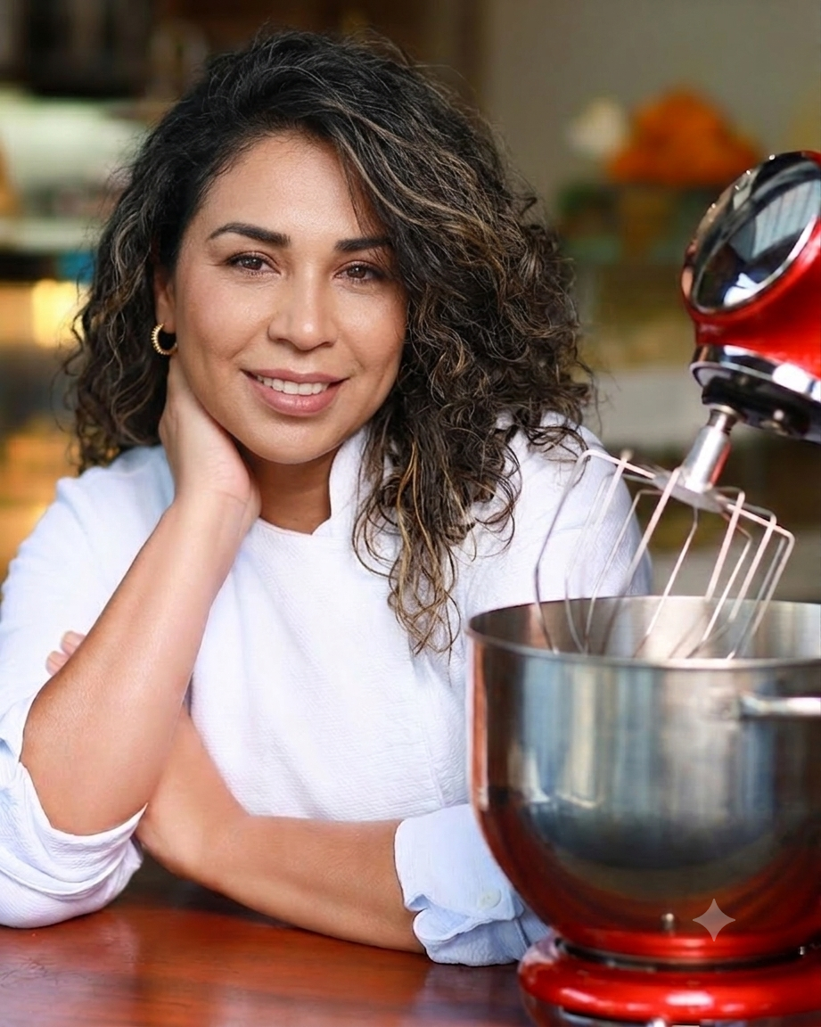 Retrato da Manu na cozinha, ao lado de uma batedeira vermelha